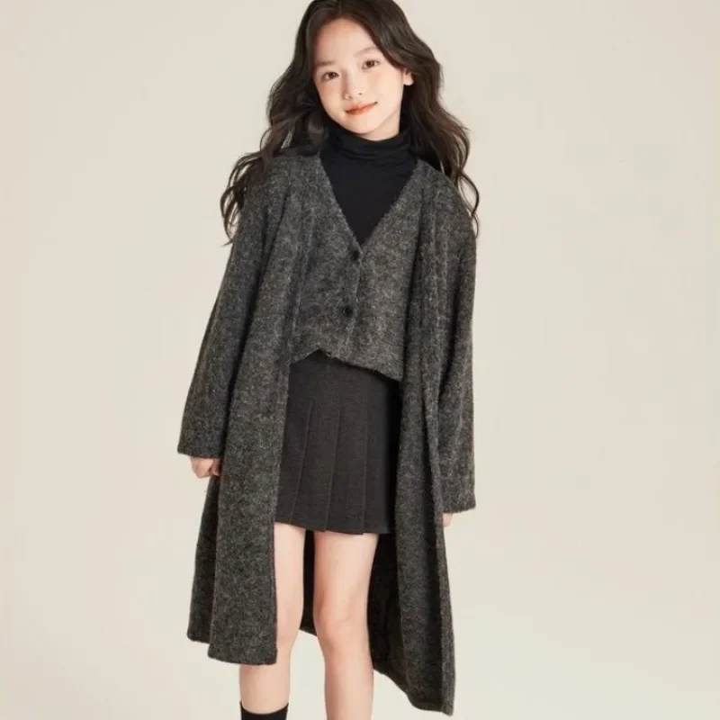 Girl's Oversized Knit Cardigan Vest Mid Length Sweater 2025 Autumn Winter New Tween Girls Versatile Loungewear 3