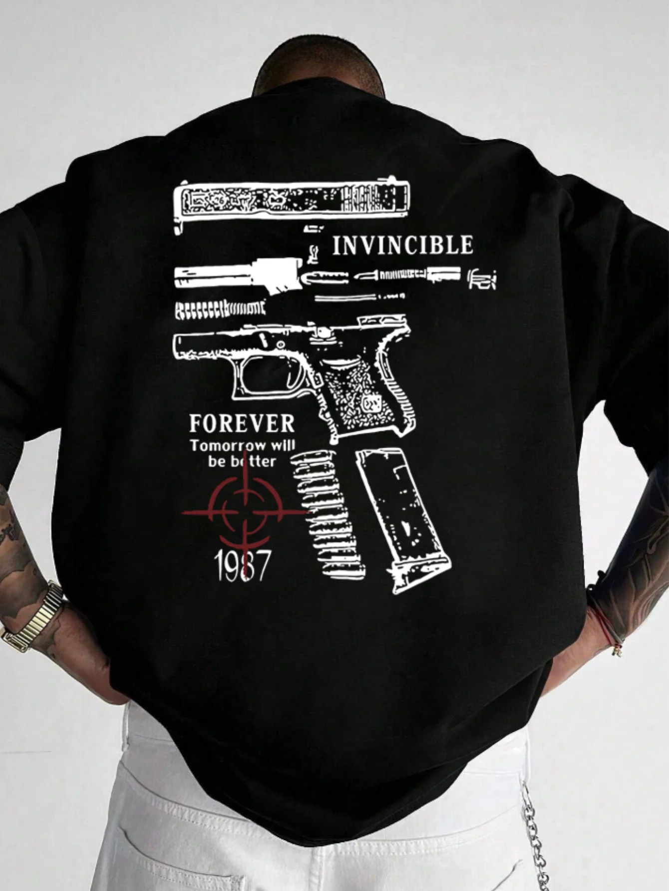 Men's Graphic Print Short Sleeve T-Shirt - Black with White Firearm Design & 