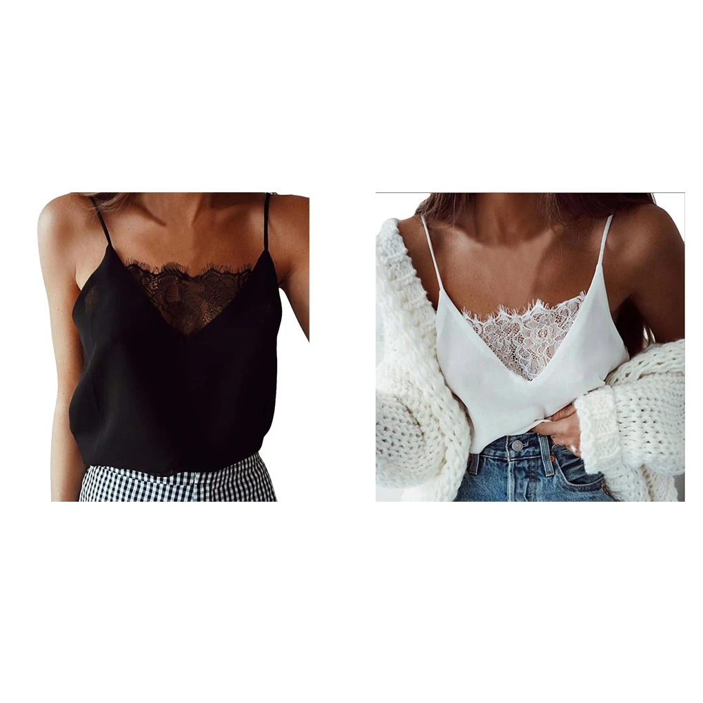 Top da donna con scollo a V in chiffon senza maniche con cinturino per spaghetti patchwork in pizzo