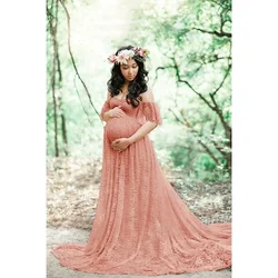 Women Maternity Gown Robe for Photo Shoot  Pregnancy Clothes Dresses Beautiful Lace Tail Short Sleeve Dress