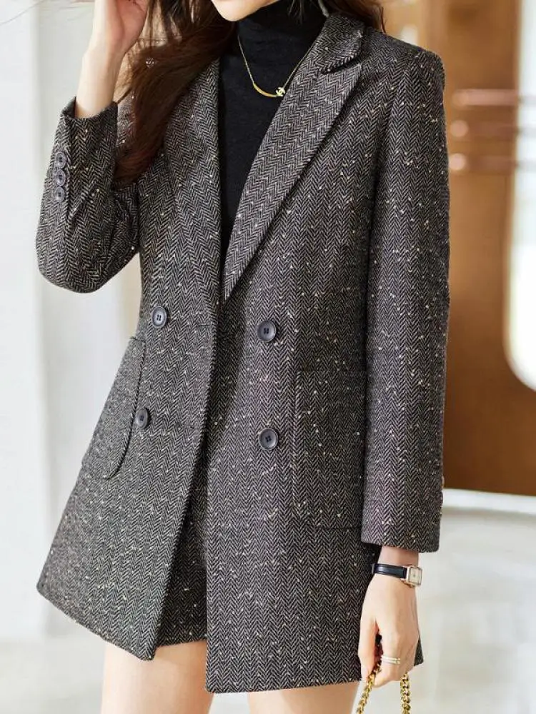 

Korean Version Elegant Thick Double-breasted Blazer Autumn Winter New Gray Festival Long Sleeve Pockets Coat Women Clothing Chic