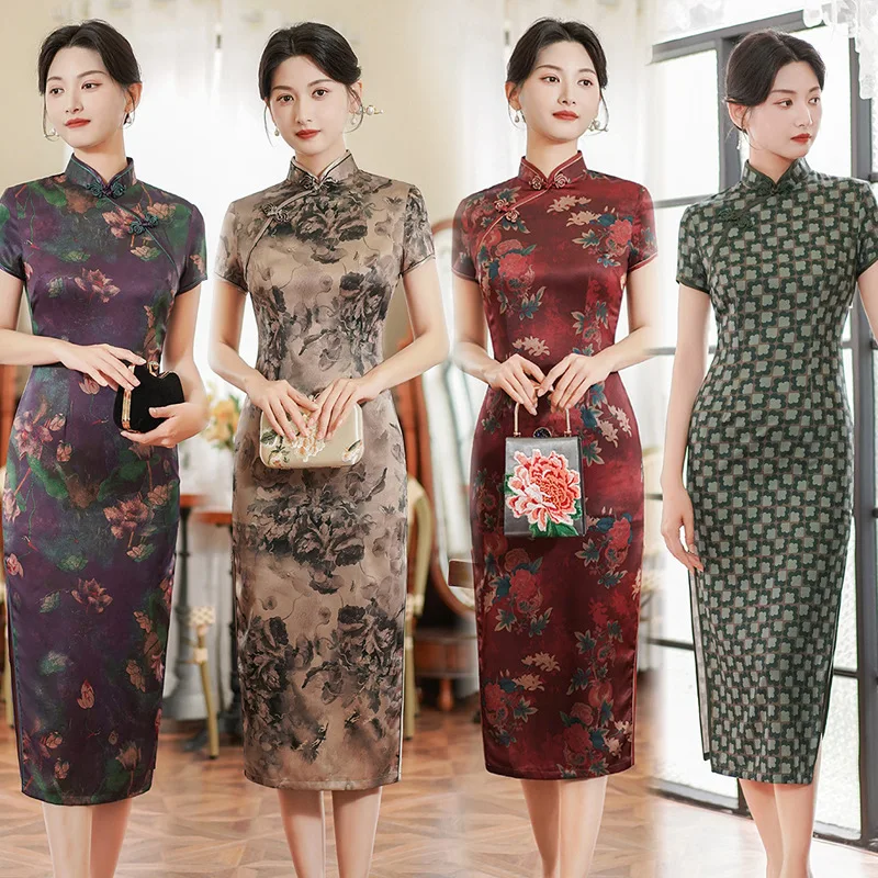 

Women Short Sleeve Cheongsam Large Size 4XL Mandarin Collar Chinese Tradition Dress Vintgae Elegant Print Flower Qipao