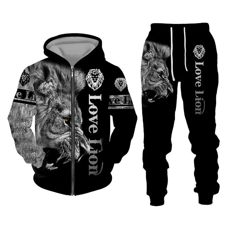 Autumn and Winter Men\'s Tracksuit 3D The Lion Print Zipper Hoodies Sweatshirts Pants Sets Casual Mens Clothing Women\'s Tracksuit