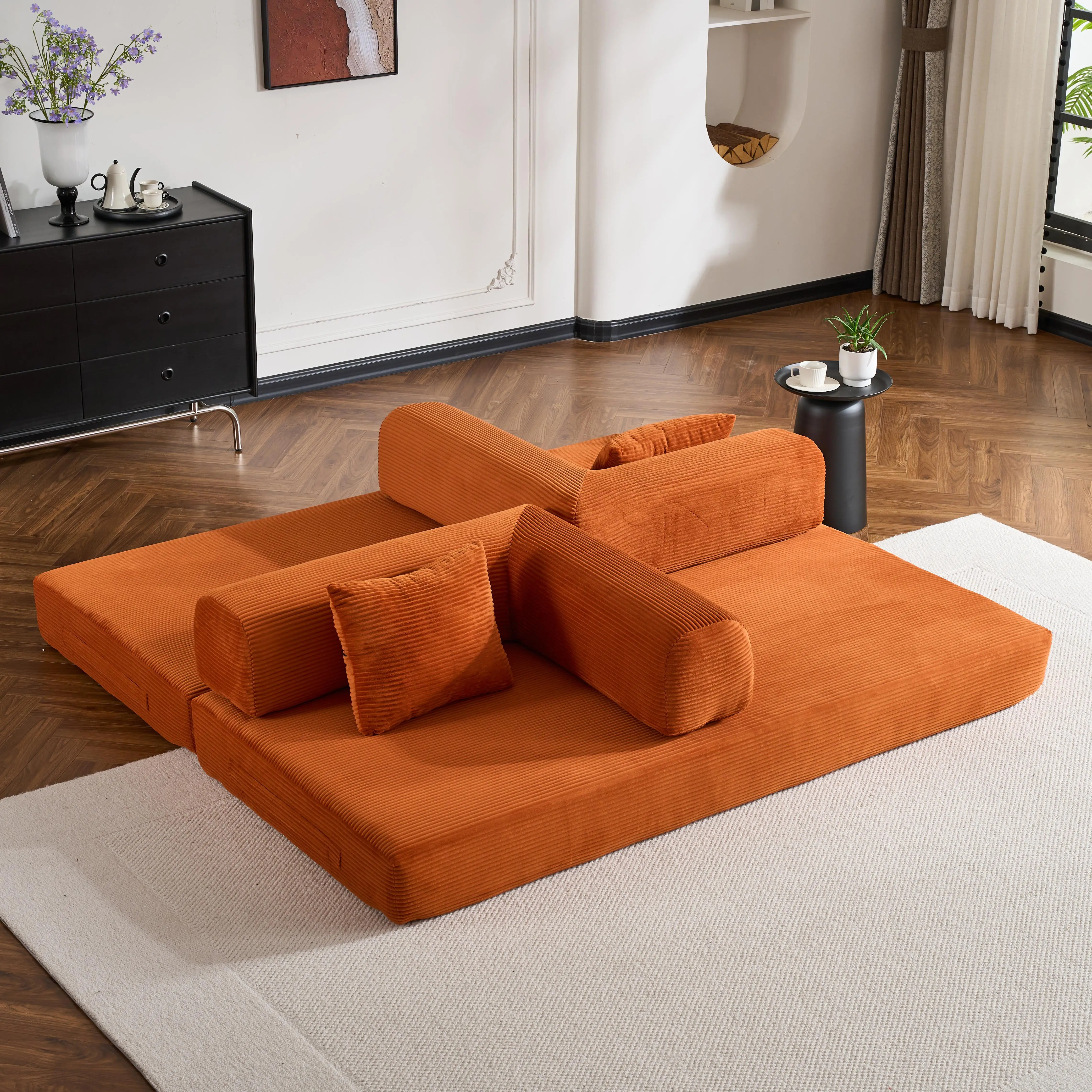 Convertible Sleeper Sofa Bed Cylindrical Pillow Corduroy Folding Mattress Fixed-Shape Frame Floor Sofa Lounge for Living Room