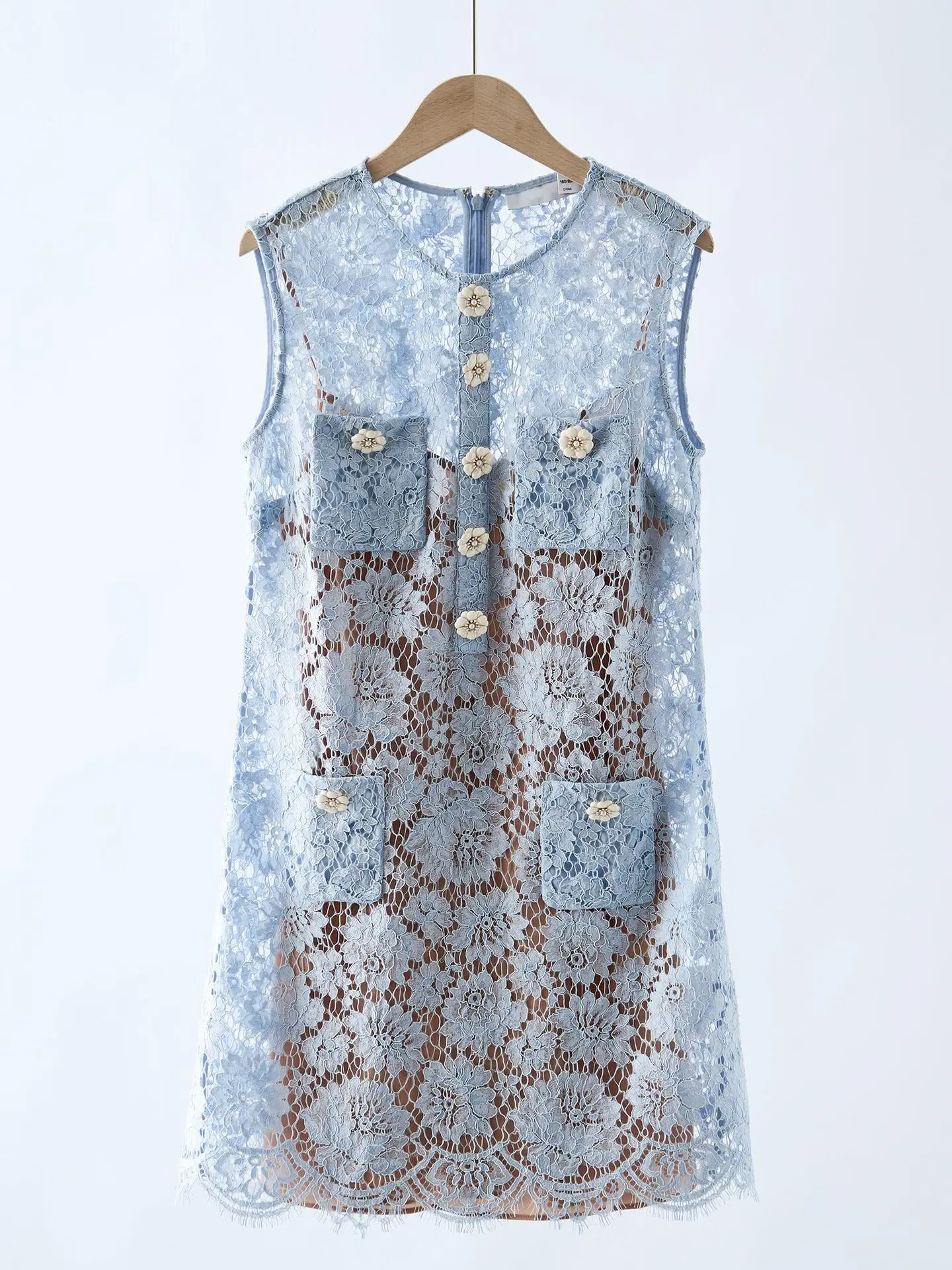 

Lady Lace Embroidery Blue Tank Dress O-neck Sleeveless A-line Lady Flowers Buttons Mini Dresses Fashion Clothing