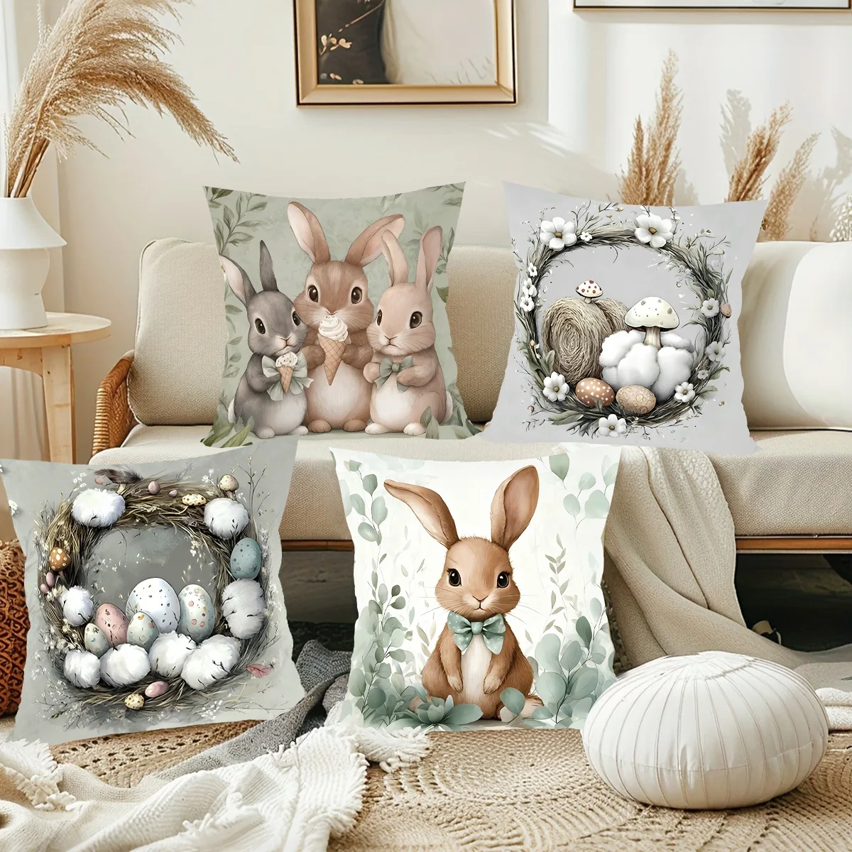 4pcs/set Easter Bunny Pillow Covers 45cm Egg Hunting Theme Pillow Case Spring Flower Easter Decoration Home Decor