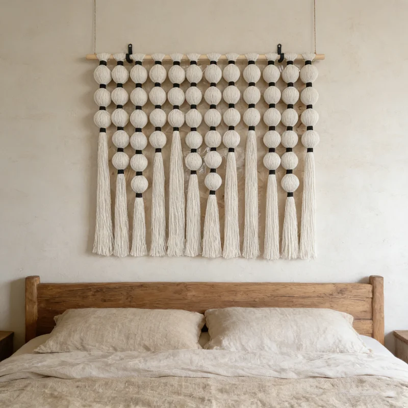 

Modern Scandi Macrame Wall Art Large Cream Woven Tapestry with Balls & Tassels Contemporary Boho Home Decor