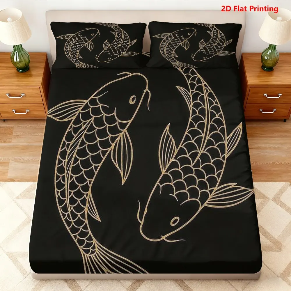 3-Piece Mattress Protector Set, 2D Flat Printed Fitted Sheet, Carp Fish Yin-Yang Design, Three-Piece Zen Theme Fitted Sheet Set, Artistic Bedding for Home Bedroom Decor, Holiday-Themed Fitted Sheet and Pillowcase, Mattress Protector, Stain-Resistant, Mattress Cover, Suitable for All Seasons, Machine Washable, Easy to Care For, Universal for Home Bedroom, Essential for Dormitories and Rentals, Master Bedroom and Guest Room Decoration, Dust-Proof and Stain-Resistant, High Elasticity, Fits Various Sizes