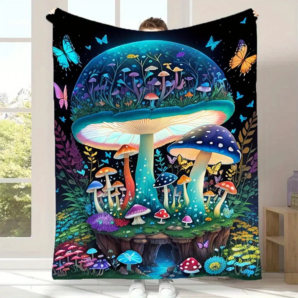 Glow in The Dark Butterfly Mushroom Print Throw Blanket Soft Lightweight Blanket for Bed Couch Sofa