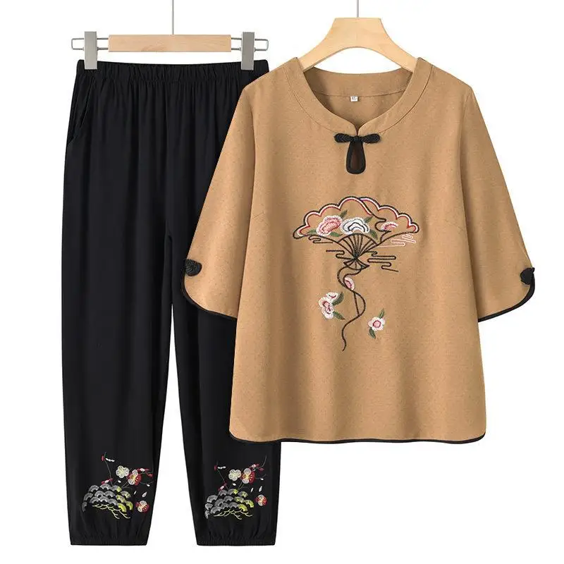 Embroidery Spring Summer Clothing For Middle-aged Mother Two Piece Set For Women Outfit Half Sleeve Top Pant Sets Grandma Suit