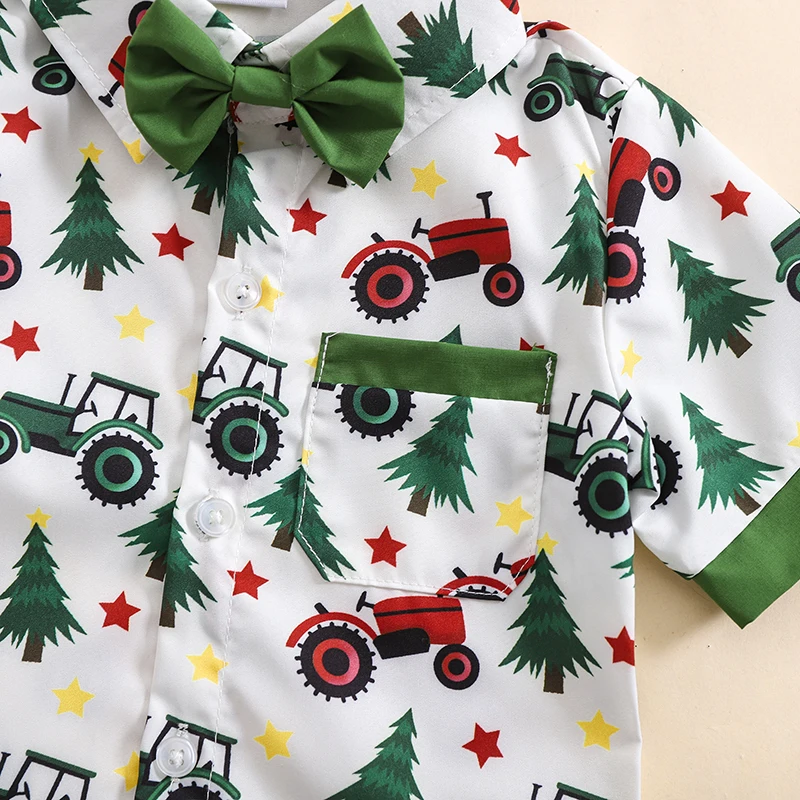 Рождественский наряд для маленьких мальчиков, рубашка на пуговицах с короткими рукавами и тракторной елкой, однотонные шорты с эластичной резинкой на талии, комплект из 2 предметов