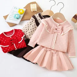 Children's Clothing Sets Polka Dot Bow Knit Top + Pleated Skirt Girls Winter Clothes Sweater Korean Style for 2 To 6 Years
