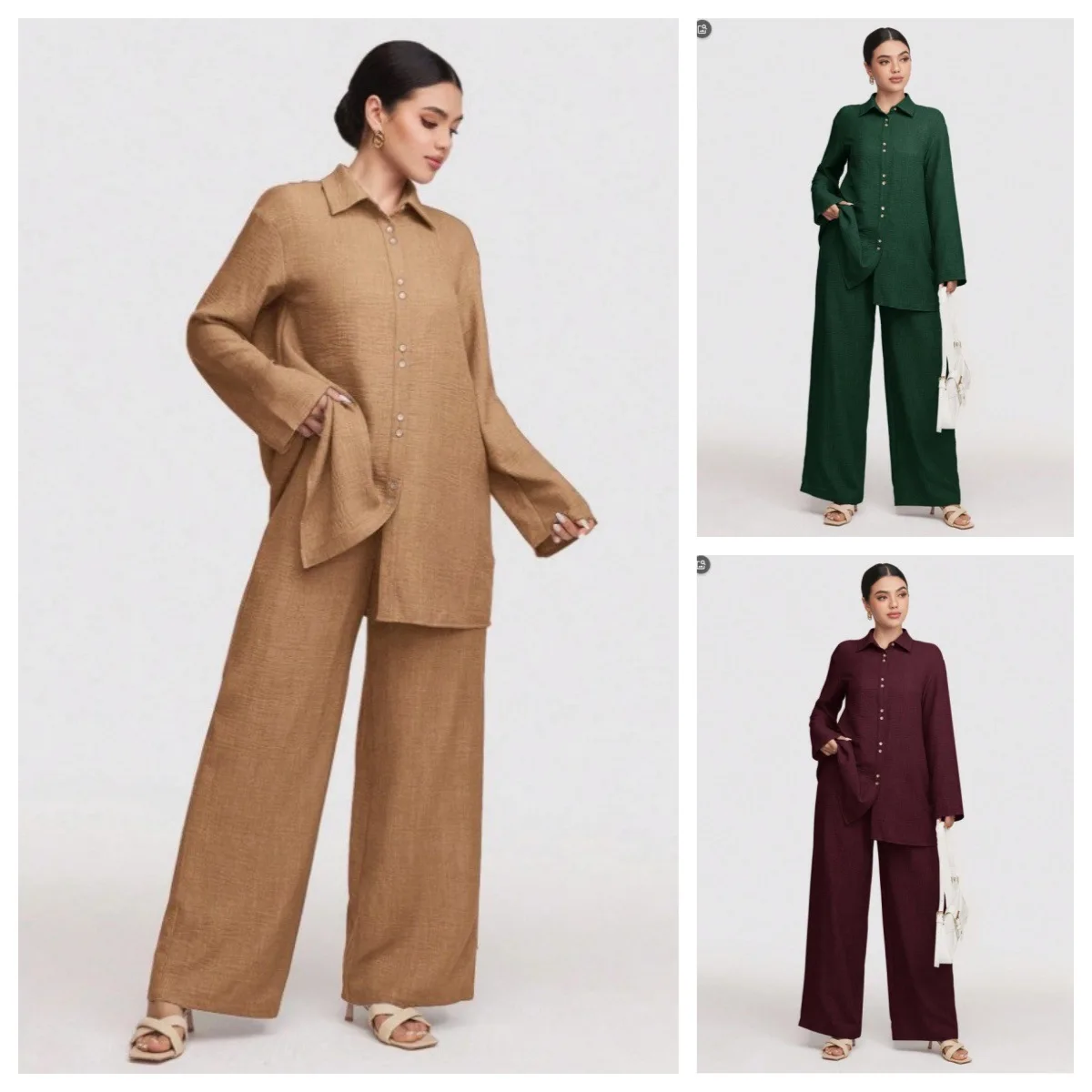 

Hot Selling New Muslim Fashion Sets Women's Solid Color Cotton and Linen Shirt Loose Pants Two-piece Set