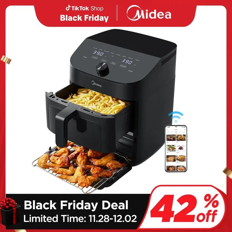 Midea Double Decker Air Fryer 11QT Dual Baskets Air Fryer Works with Alexa Smart Sync Finish Cooking 50+ App Recipes