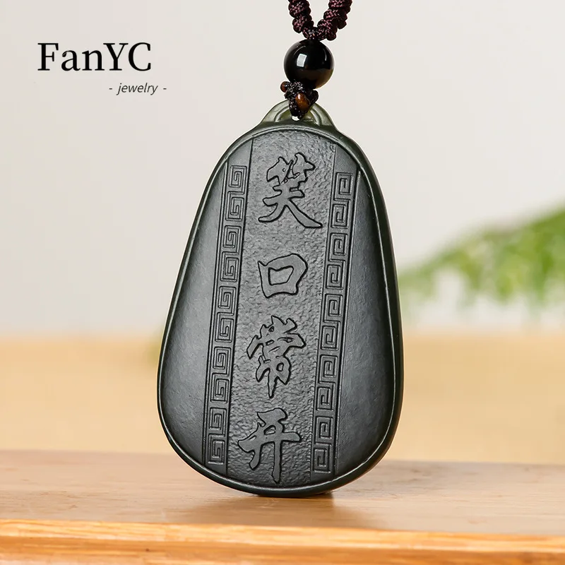 Natural Hetian Jade Black Jade Laughing Buddha Maitreya Pendant Hand-Carved Exquisite Luxury Jade Necklace for Men & Women Gift