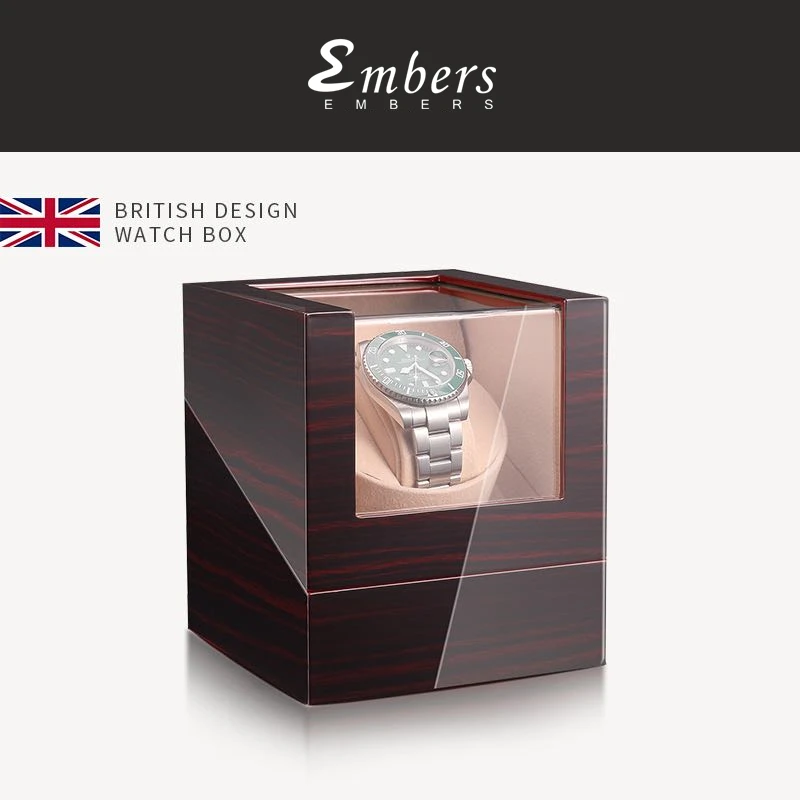 Embers Luxry enkele watchwinder batterij houten shaker horlogedoos automatische opwinder glazen opbergdoos Mabuchi Motro