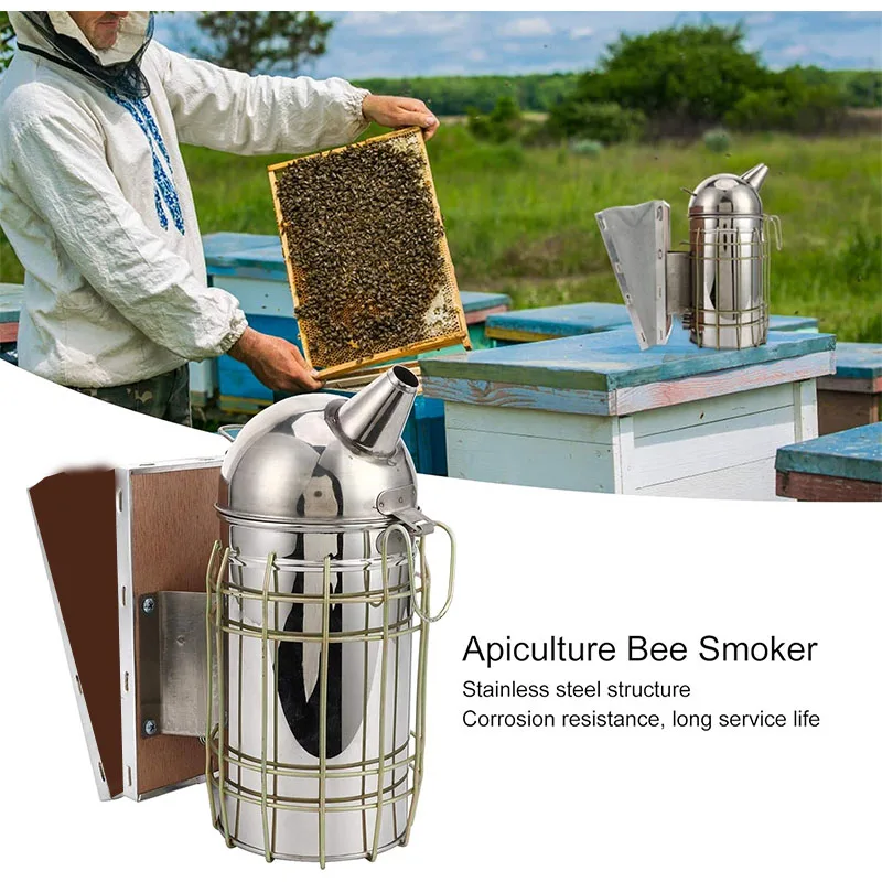 Beehive Smoke Sprayer Stainless Steel Honey Keeper Bee Hive Smoker With Heat Shield Leather Beehive Smoker Beekeeping Equipment