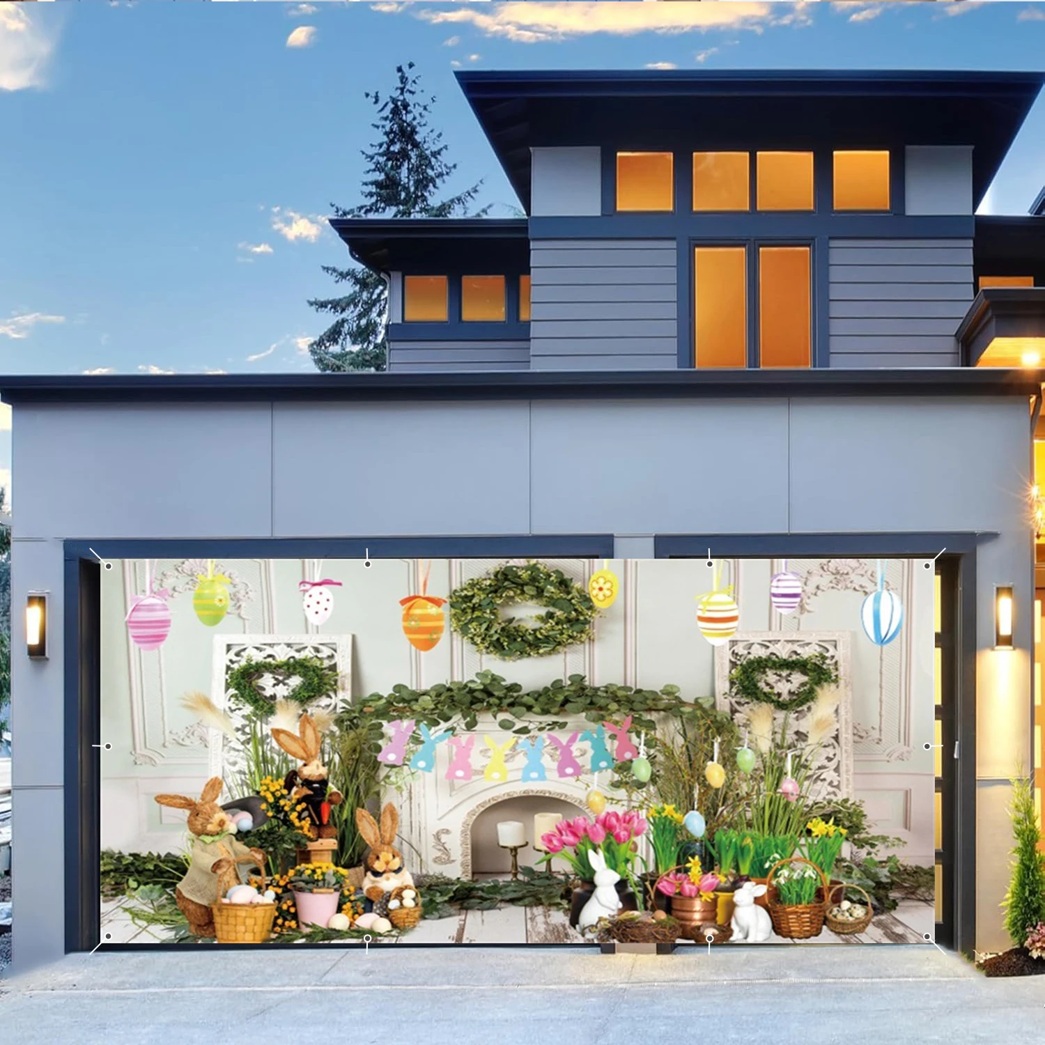 عيد الفصح باب المرآب الديكور سعيد عيد الفصح غطاء باب المرآب كبير أرنب عيد الفصح البيض الربيع زهرة في الهواء الطلق ديكور الحفلات الخلفية