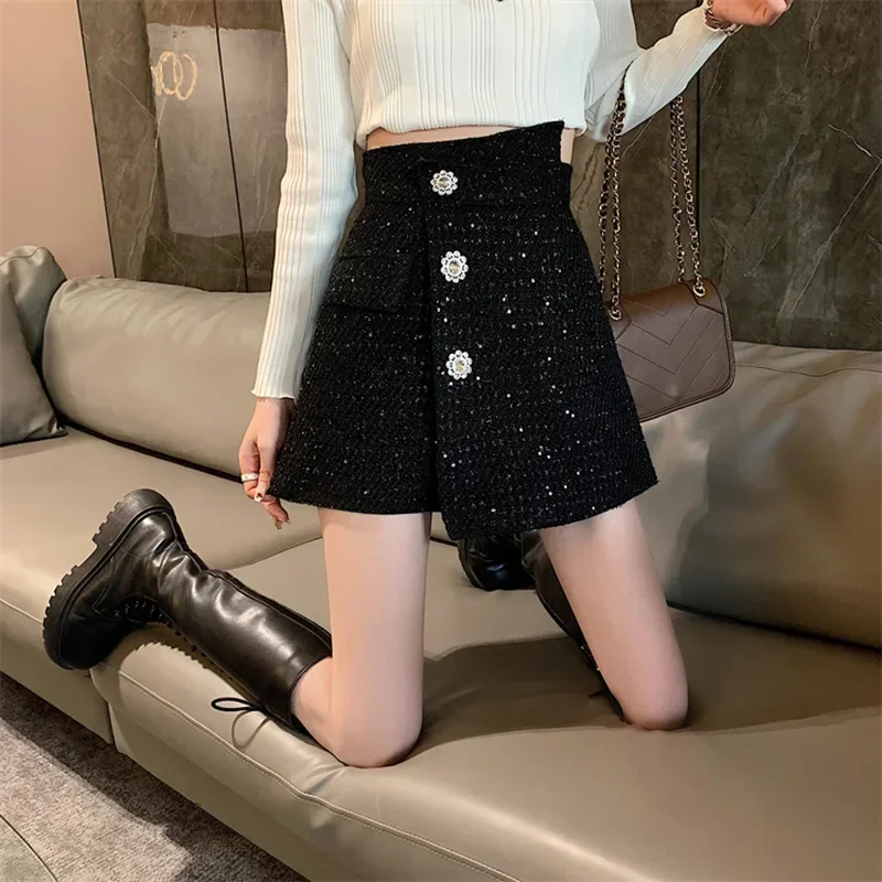 Mini Slim solide Vintage femmes pantalon irrégulier taille haute Tweed bouton court décontracté femmes a-ligne bureau Shorts