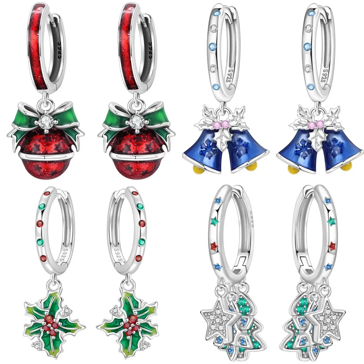 PANPOKI 925 Sterling Silber Weihnachts-Schneeflocken-Glocken-Ohrringe Original Schmuck Hängeohrringe Schmuck Party Jubiläumsgeschenke