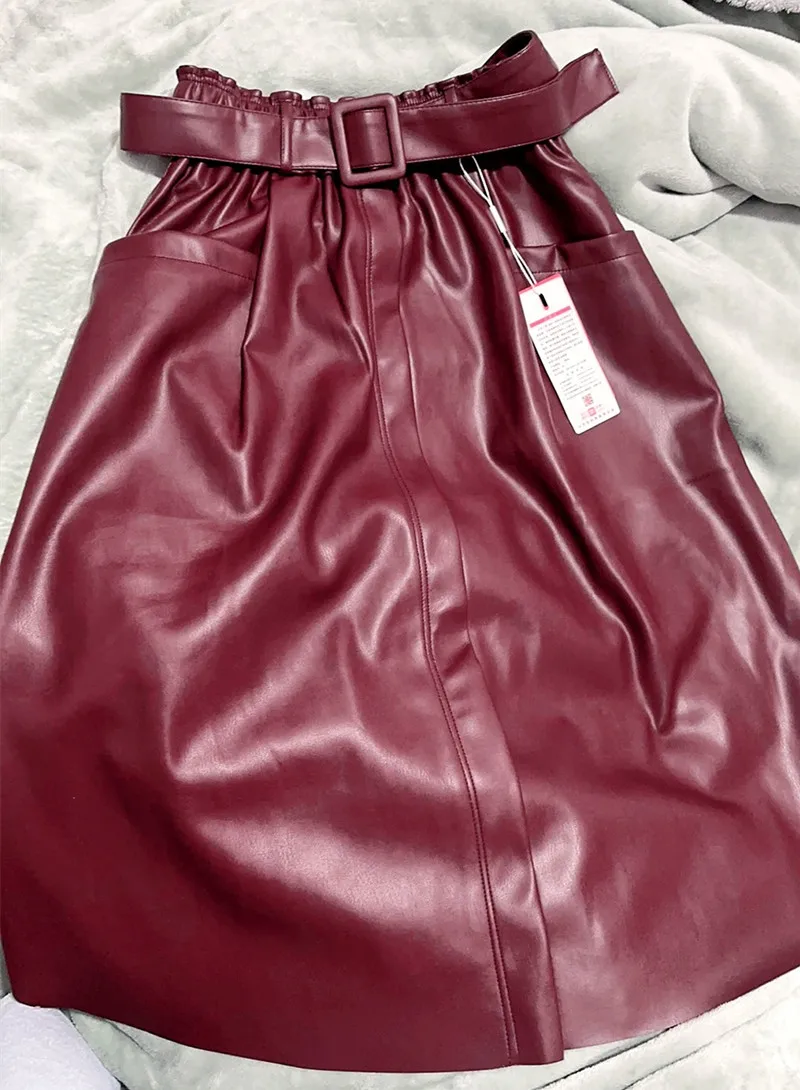 

Высококачественные женские юбки из искусственной кожи, весенне-осенние тонкие юбки-зонтики с высокой талией и поясом, женские юбки средней длины