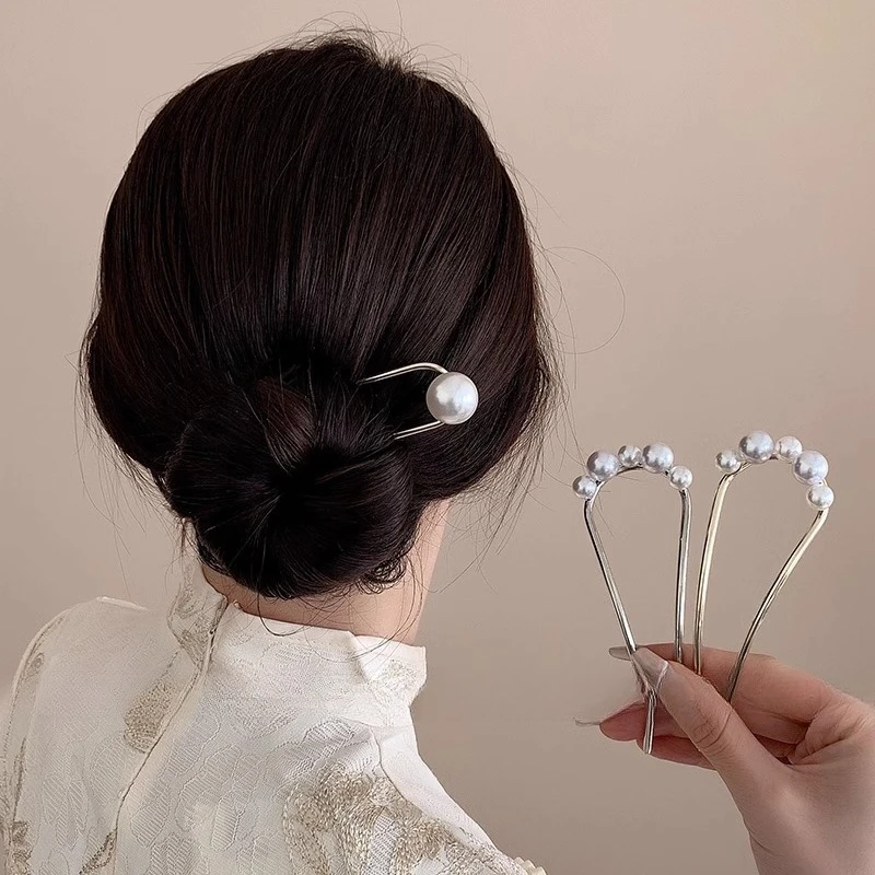 

Elegant Pearl U-Shaped Hairpin Essential for Modern Chinese-Style Updos Back-of-Head Hairpin Valentine's Day gift