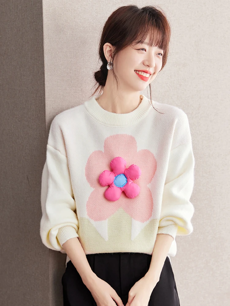 2024 Autumn Winter New Loose Sweater Sweet Three-dimensional Flower Pretty Knit Top Fashionable Casual Pullover Sweater