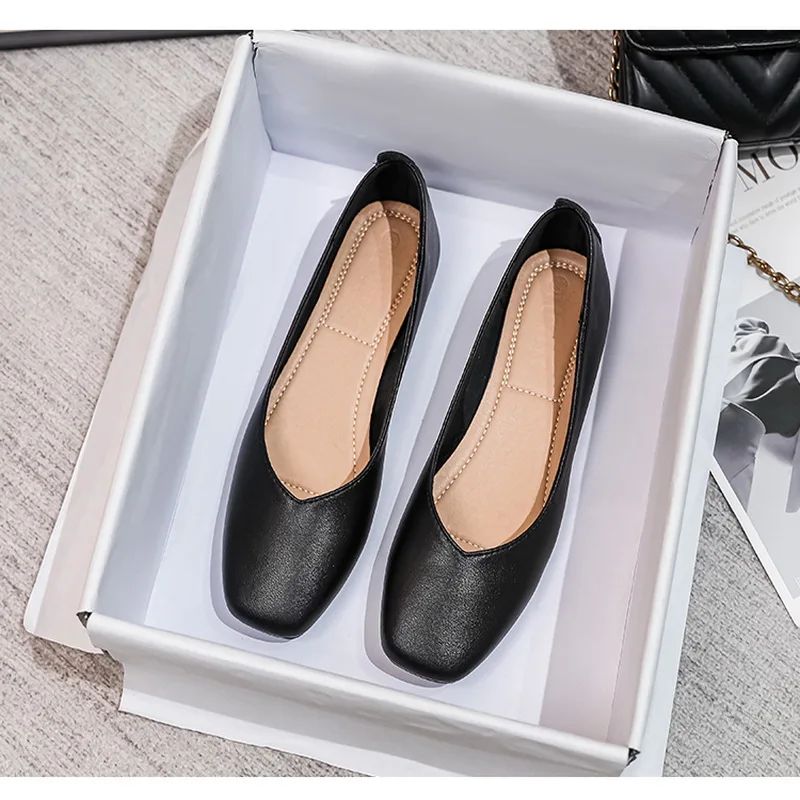 Flat single shoes female black work shoes Genuine Leather soft sole occupation shallow mouth job interview not tired feet work s