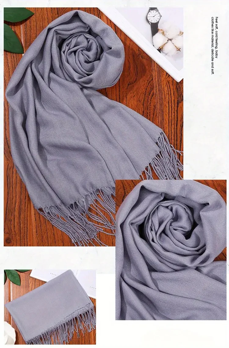 Stylish Basic Solid Color Scarf Simple Soft Warm Tassel Shawl Autumn Winter Windproof Decorative Wrapped Scarf Hijab Stoles