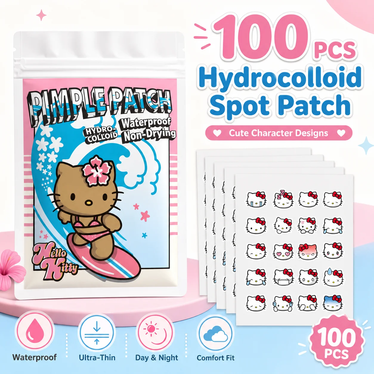 100PCS hello kitty Acne patches, facial acne patches, hydrogel acne removal patches, concealer
