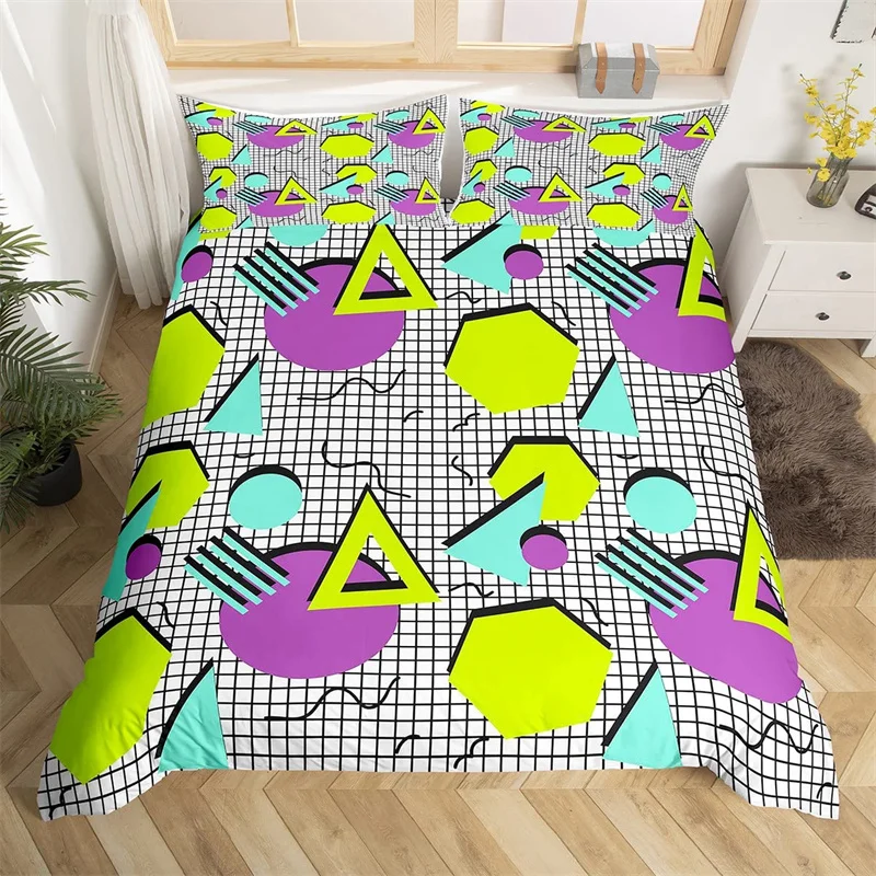 Retro 80s Style Bedding Set Twin King Size Abstract Geometric Pattern Duvet Cover Set Microfiber Circle and Triangle Quilt Cover