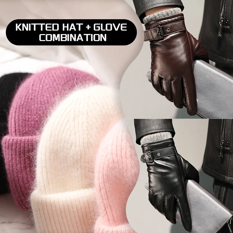 

24colors Angola Rabbit Fur Knitted Beanies Touch Screen Leather Head Layer Sheepskin Gloves Combination Women's Winter Hat 2024