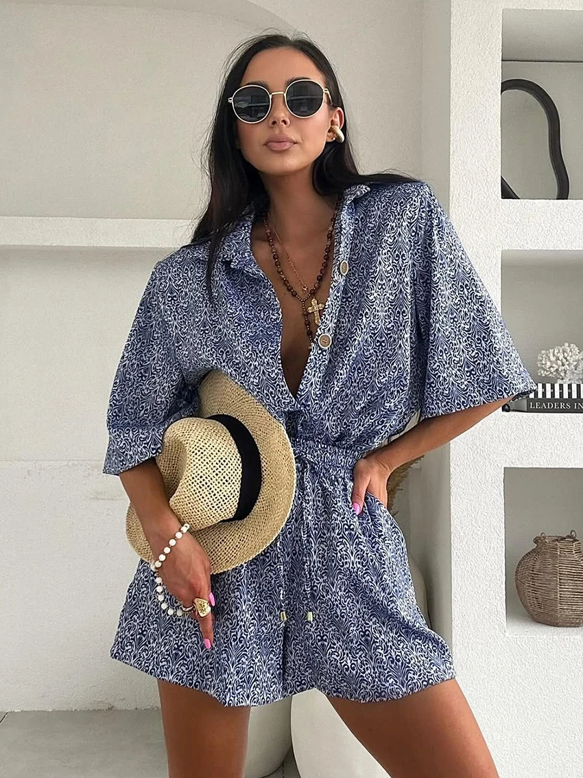 Marthaqiqi Loose Female Pajamas Suit Half Sleeve Sleepwear Turn-Down Collar Nightwear Shorts Printing Casual Women Nightgown Set