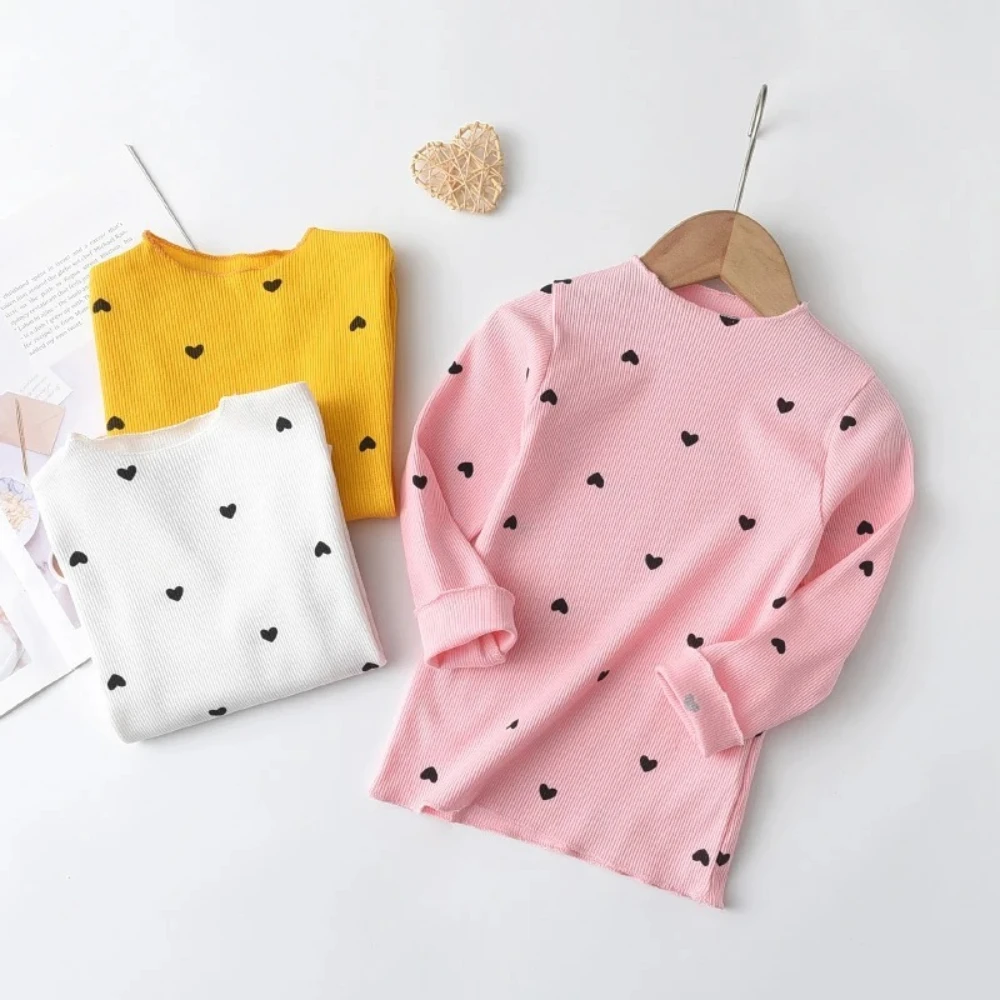 Spring and Autumn Girls Causal Solid Color Long Sleeve Cute Pattern Print Ruffle Top 1 Pc 2-6 Years Kids Fashion Clothes