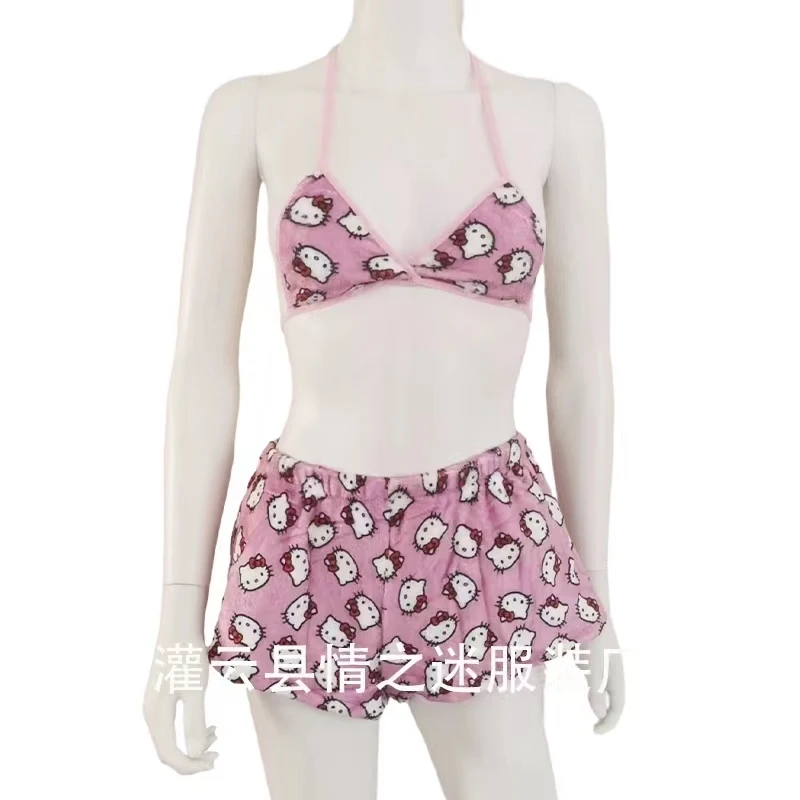 Cute Sanrio Hello Kitty Cartoon Beach Swimsuit Women Vest Shorts Suit Pajamas Homewear Casual Underwear Home Clothes Girl Gift