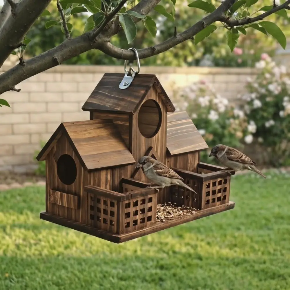 

Waterproof Wooden Bird House Rustic Style Hanging Bird Nesting Box Multiple Holes Durable Bird Feeder Wild Birds Habitat
