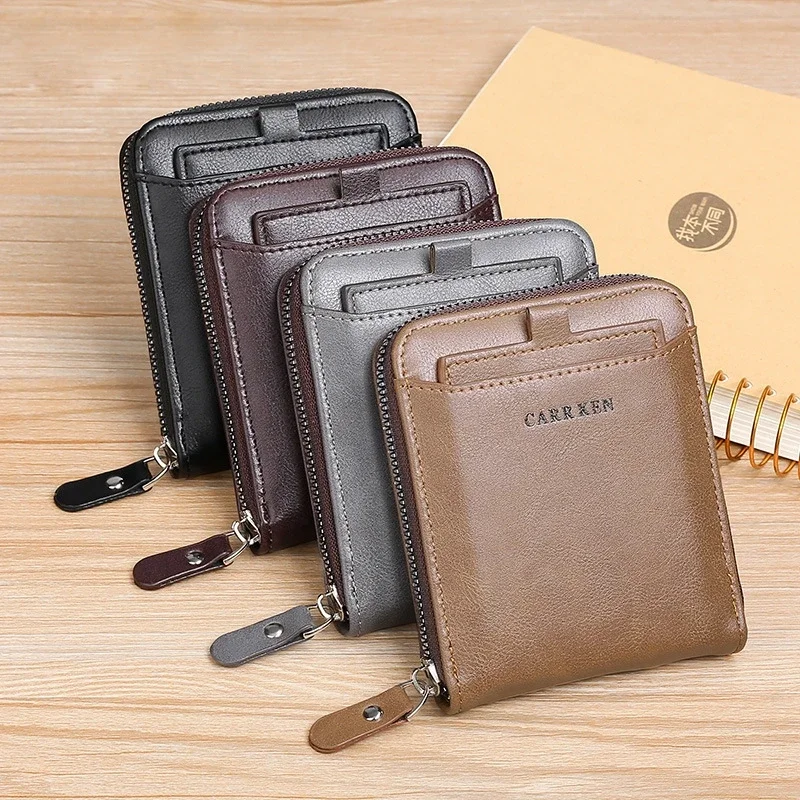 

Men's wallet made of leather Wax oil skin purse for men Coin Purse Short Male Card Holder Wallets Zipper Around Money Bag 2024