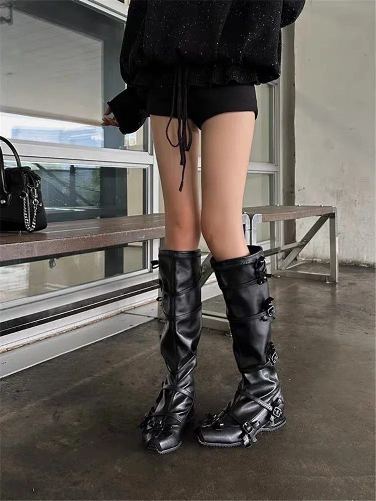 Flower Bow Tie Tied Long Boots with Thick Sole for Slimming Effect, Tall Tube Boots, Street Motorcycle Style Boots