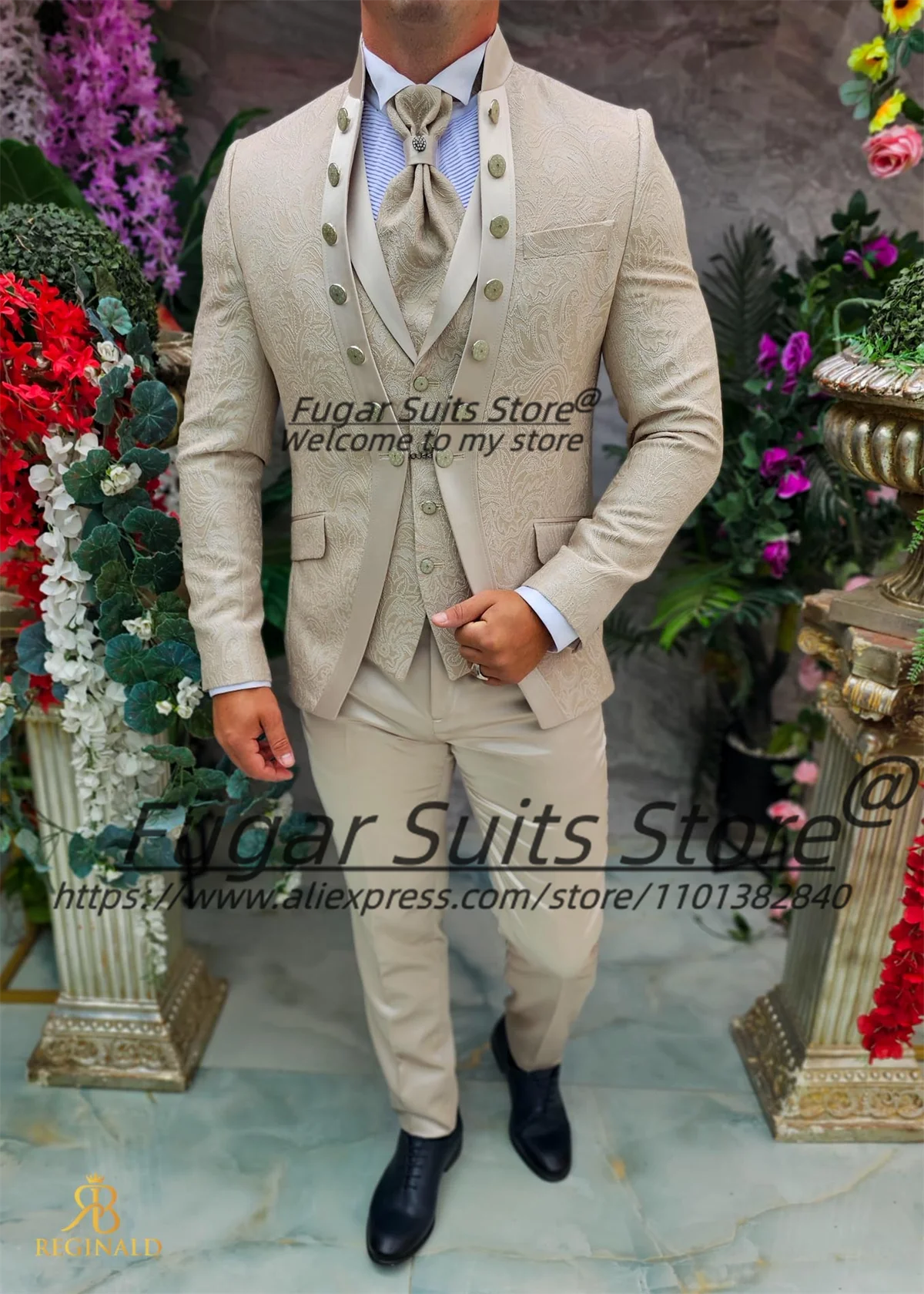 

Champagne Color Jacquard Men Suits Customized Slim Fit Luxuly Groom Wedding Tuxedos 2 Pieces Sets Male Prom Blazers Ropa Hombre