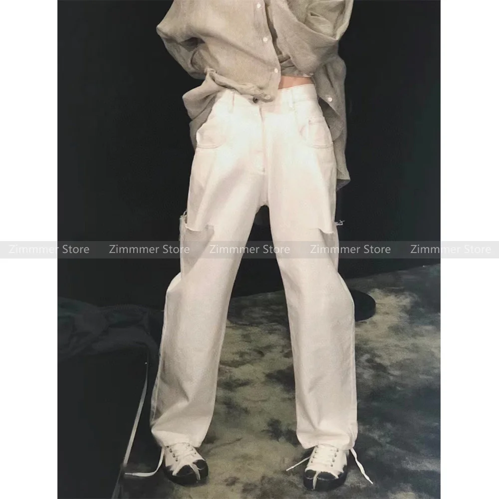 

High Quality! White cut line opening high waisted ripped jeans women 2024 summer loose wide leg trousers