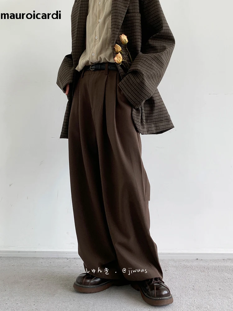 Mauroicardi Spring Coffee Flowy Baggy Wide Leg Pants for Mens Streetwear Unisex Clothing Fashion Loose Casual Soft Trousers 2024