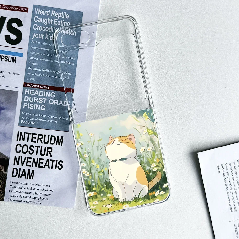 Plain Cute Lazy Cat with Milk Tea Pattern Case for NEW Samsung Galaxy Z Flip 7 6 5 4 3 5G Clear Shell Flip5 Flip6 INS Funda Para
