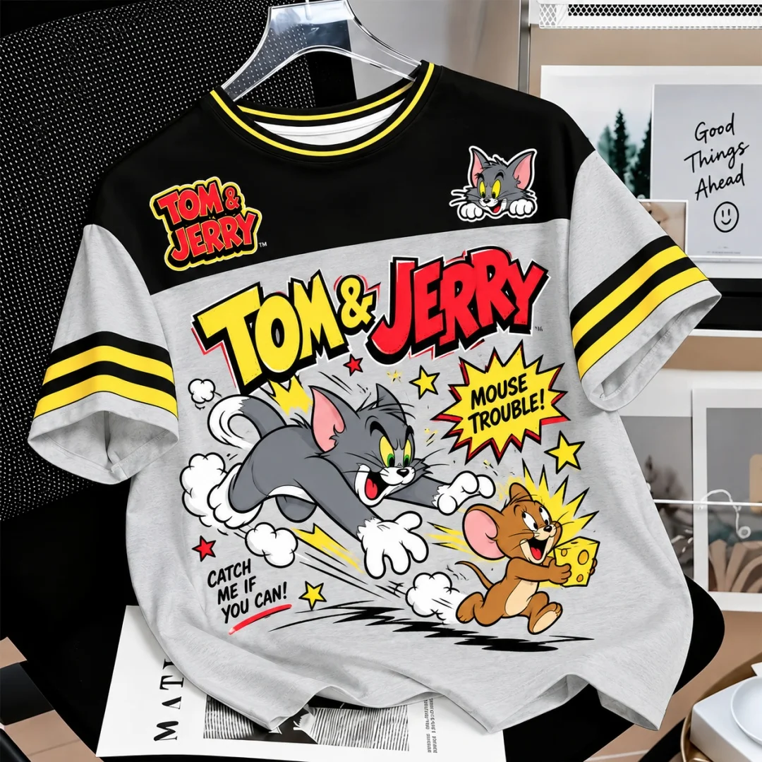 Tom & Jerry Graphic T Shirt Men Women Vintage Cartoon Print Stripe Sleeve Colorblock Short Sleeve Daily Tees Kids Tshirt