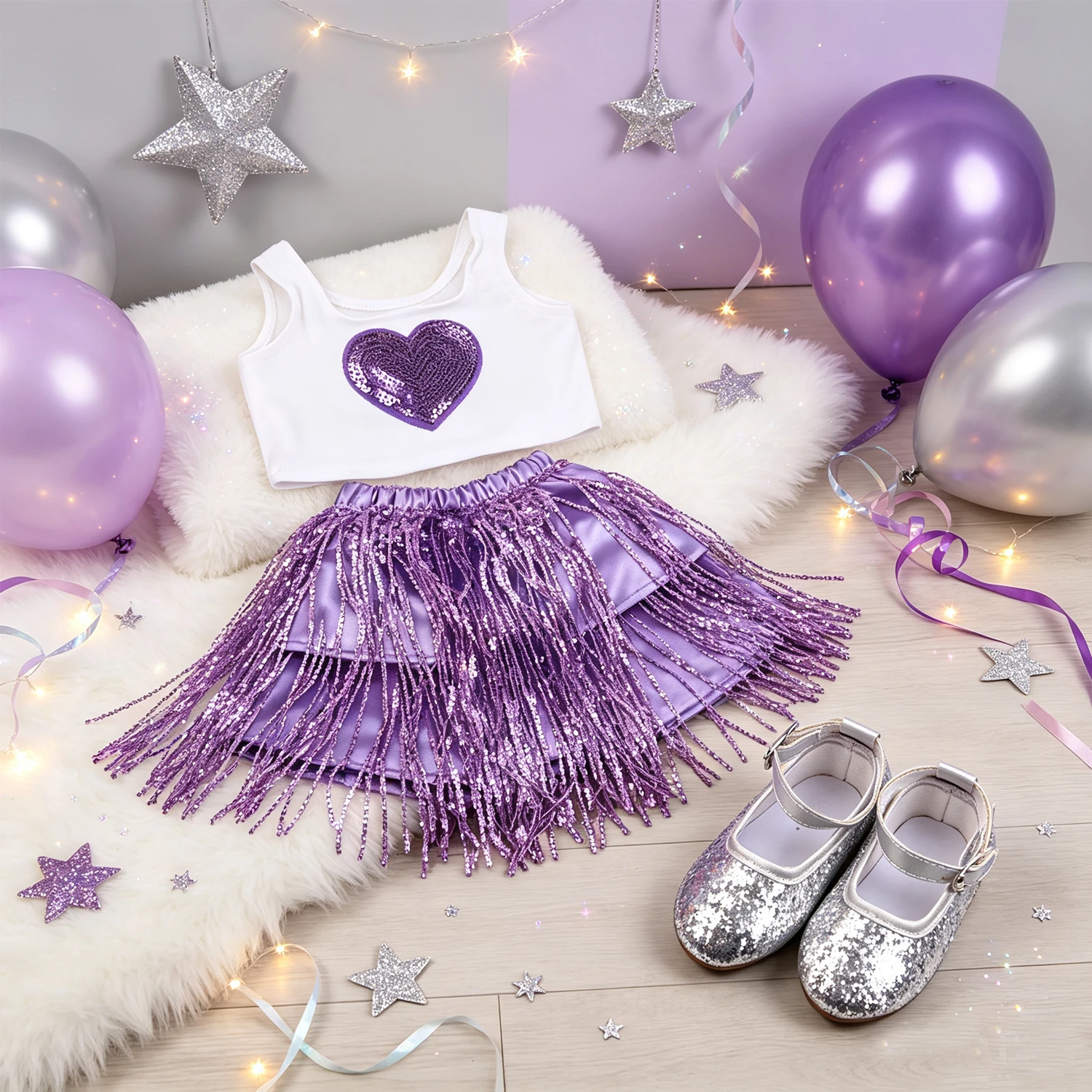 Fashion Purple Fringe Tassel Doll Outfit Sequin Heart Camisole Mini Skirt Silver Shoes for 18 Inch American & OG Girl Dolls Toy