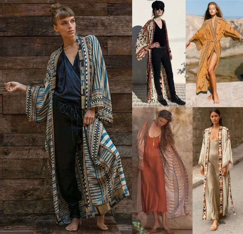 Kimono Beach Wear Beach Bohemian Clothing Loose Swimsuit Cover Up Front Open Belt Kaftan Robe Plage Beach Pareos Dress Tunic2024