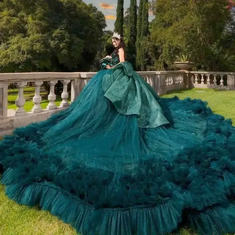 Blackish Green Ball Gown Quinceanera Dresses Sequin Lace Beads Ruffle Tull Princess Mexico Sweet 16 Dress Party Birthday Vestido