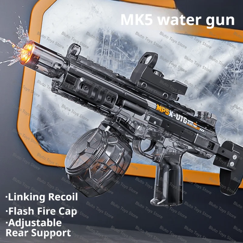 Fully Automatic Electric Water Gun with Recoil & Flash Cap, Powerful Long Range Water Blaster with Adjustable Stock for Kids