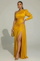Sexy Formal One Shoulder Evening Dress for Women's Plus Size Split Hem Solid Satin Cocktail Wedding Guest Party Maxi Dress - Image 2
