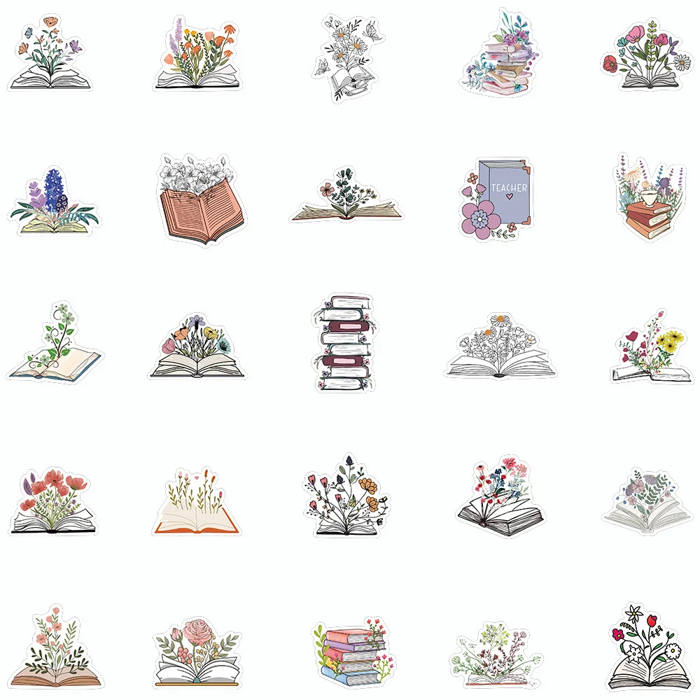 10/30/50pcs Vintag Cartoon Flowers Books Stickers Aesthetic Art Decals for Notebook Guitar Scrapbook DIY Cute Waterproof Sticker