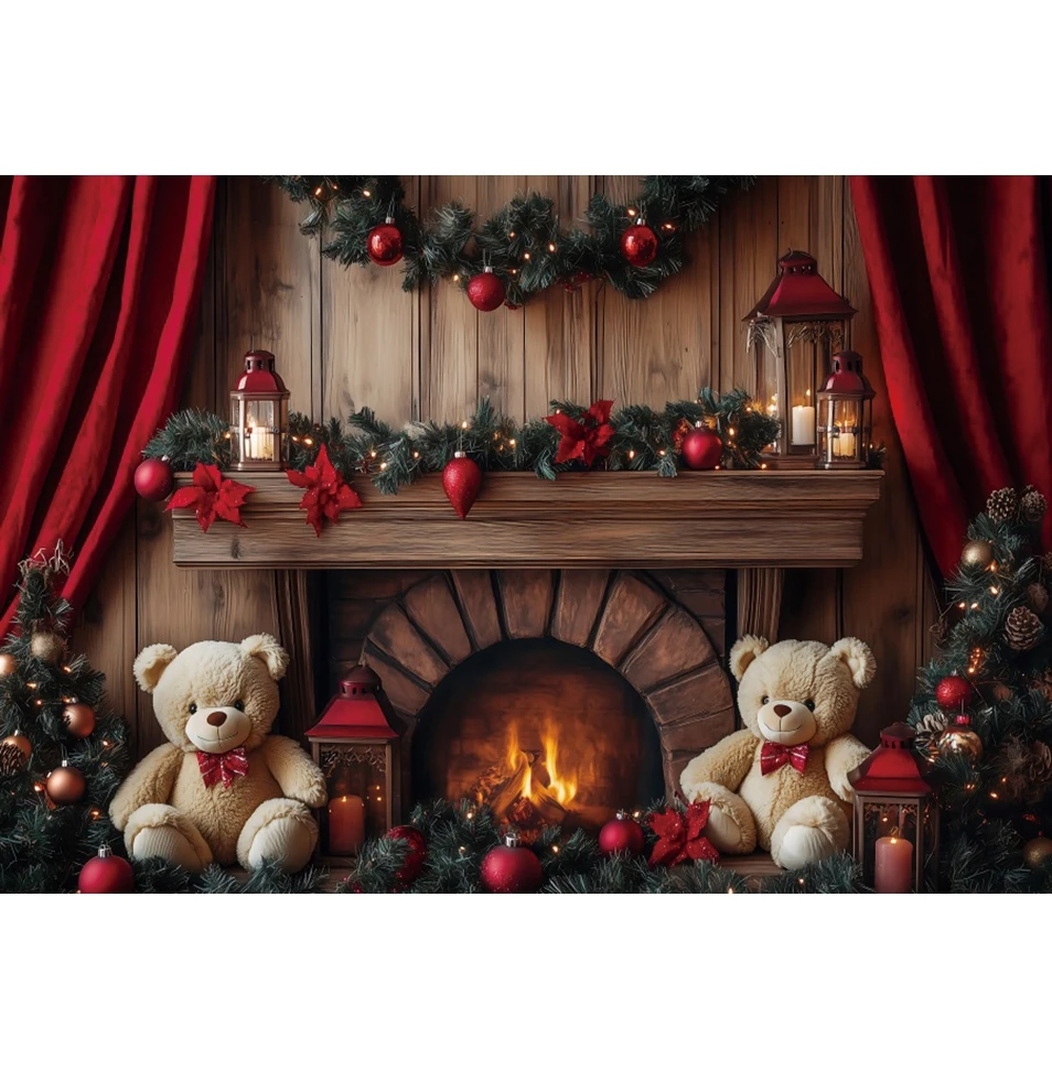 Christmas Retro Fireplace Toy Bear Backdrop Gifts Socks Xmas Party Christmas Eve Room Decor Photography Background Photo Studio